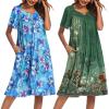Ekouaer 2 Pack House Dresses for Women with Pockets Short Sleeve Moo Moos Floral Print Mumu Dresses(Blue Floral/ Floral Green)