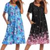 Ekouaer 2 Pack House Dresses for Women with Pockets Short Sleeve Moo Moos Floral Print Mumu Dresses(Blue Floral/Cherry Blossoms)