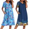 Ekouaer 2 Pack House Dresses for Women with Pockets Short Sleeve Moo Moos Floral Print Mumu Dresses(Blue Floral/Dark Blue Print)