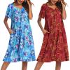 Ekouaer 2 Pack House Dresses for Women with Pockets Short Sleeve Moo Moos Floral Print Mumu Dresses(Blue Floral/Red Floral)