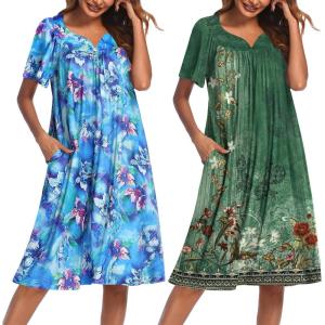 Ekouaer 2 Pack House Dresses for Women with Pockets Short Sleeve Moo Moos Floral Print Mumu Dresses(Blue Floral/ Floral Green)