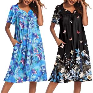 Ekouaer 2 Pack House Dresses for Women with Pockets Short Sleeve Moo Moos Floral Print Mumu Dresses(Blue Floral/Butterfly Floral)