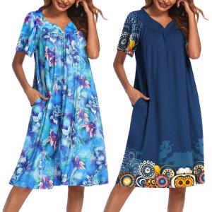 Ekouaer 2 Pack House Dresses for Women with Pockets Short Sleeve Moo Moos Floral Print Mumu Dresses(Blue Floral/Dark Blue Print)