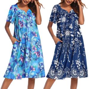 Ekouaer 2 Pack House Dresses for Women with Pockets Short Sleeve Moo Moos Floral Print Mumu Dresses(Blue Floral/Evening Blue Vines)