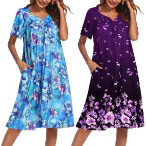 Ekouaer 2 Pack House Dresses for Women with Pockets Short Sleeve Moo Moos Floral Print Mumu Dresses(Blue Floral/Purple Black Floral)