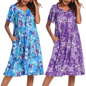 Ekouaer 2 Pack House Dresses for Women with Pockets Short Sleeve Moo Moos Floral Print Mumu Dresses(Blue Floral/Purple Floral)