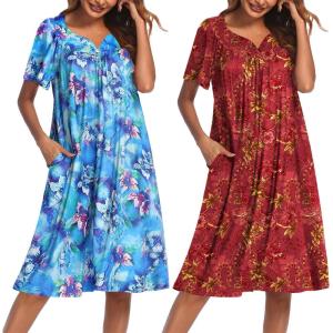 Ekouaer 2 Pack House Dresses for Women with Pockets Short Sleeve Moo Moos Floral Print Mumu Dresses(Blue Floral/Red Floral)