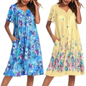 Ekouaer 2 Pack House Dresses for Women with Pockets Short Sleeve Moo Moos Floral Print Mumu Dresses(Blue Floral/Yellow Butterfly)