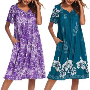 Ekouaer 2 Pack House Dresses for Women with Pockets Short Sleeve Moo Moos Floral Print Mumu Dresses(Blue Flower/Purple Floral)