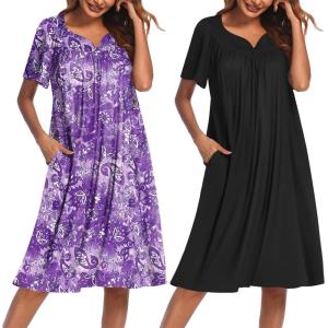 Ekouaer 2 Pack House Dresses for Women with Pockets Short Sleeve Moo Moos Floral Print Mumu Dresses(Purple Floral/Black)