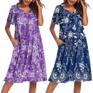 Ekouaer 2 Pack House Dresses for Women with Pockets Short Sleeve Moo Moos Floral Print Mumu Dresses(Purple Floral/Evening Blue Vines)
