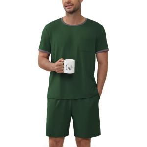 Ekouaer Mens Pajamas Sets Shorts Soft Short Sleeve Pjs Breathable Quick Dry Summer Sleepwear Casual Lounge Sets with Pockets(Deep Green)