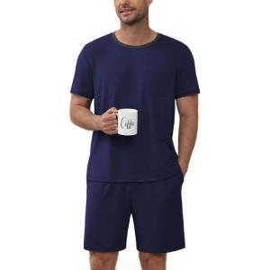Ekouaer Mens Pajamas Sets Shorts Soft Short Sleeve Pjs Breathable Quick Dry Summer Sleepwear Casual Lounge Sets with Pockets(Navy Blue)