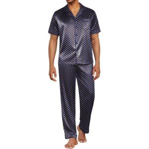 Ekouaer Mens Satin Pajama Set Short Sleeve Button Down Sleepwear Classic Loungewear Set with Long Pants(Navy Gold)