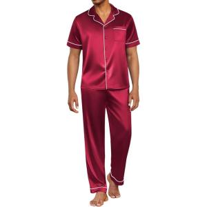 Ekouaer Mens Satin Pajama Set Short Sleeve Button Down Sleepwear Classic Loungewear Set with Long Pants(Red)