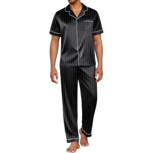 Ekouaer Mens Satin Pajama Set Short Sleeve Button Down Sleepwear Classic Loungewear Set with Long Pants(Stripes/Black)