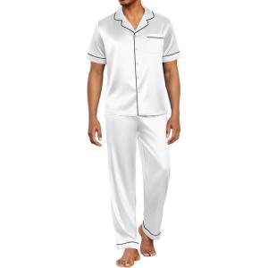 Ekouaer Mens Satin Pajama Set Short Sleeve Button Down Sleepwear Classic Loungewear Set with Long Pants(White)