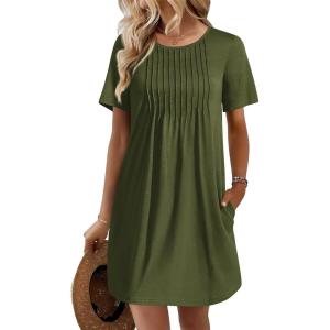 Ekouaer Swimsuit Coverup for Women 2026 Short Sleeve Bathing Suit Cover Ups Beach Summer T-Shirt Dresses with Pockets(Army Green)