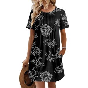 Ekouaer Swimsuit Coverup for Women 2026 Short Sleeve Bathing Suit Cover Ups Beach Summer T-Shirt Dresses with Pockets(Black Floral)