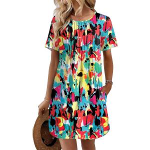 Ekouaer Swimsuit Coverup for Women 2026 Short Sleeve Bathing Suit Cover Ups Beach Summer T-Shirt Dresses with Pockets(Colourful)