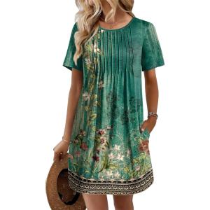 Ekouaer Swimsuit Coverup for Women 2026 Short Sleeve Bathing Suit Cover Ups Beach Summer T-Shirt Dresses with Pockets(Green Floral)