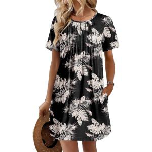 Ekouaer Swimsuit Coverup for Women 2026 Short Sleeve Bathing Suit Cover Ups Beach Summer T-Shirt Dresses with Pockets(Khaki Black Leaf)