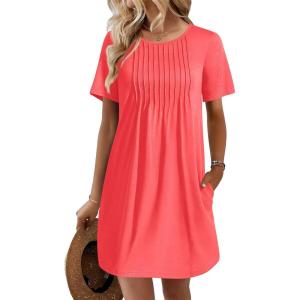 Ekouaer Swimsuit Coverup for Women 2026 Short Sleeve Bathing Suit Cover Ups Beach Summer T-Shirt Dresses with Pockets(Orange Pink)