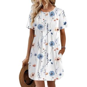 Ekouaer Swimsuit Coverup for Women 2026 Short Sleeve Bathing Suit Cover Ups Beach Summer T-Shirt Dresses with Pockets(White Floral)
