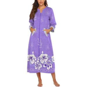 Ekouaer Women Zipper Robe 3/4 Sleeves Loungewear Dress Full Length Sleepwear Pockets Housecoat Nightgown Long Bathrobe(Purple Flower)