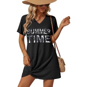 Ekouaer Women’s Coverup Short Sleeve Swimsuit Cover Ups 2026 Summer Bathing Suit Cover Twisted Cover Up Dress S-2XL(Black Summer Time)