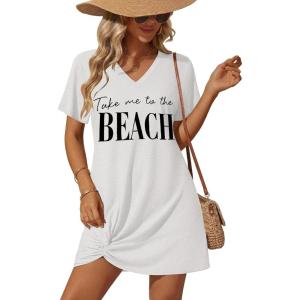 Ekouaer Women’s Coverup Short Sleeve Swimsuit Cover Ups 2026 Summer Bathing Suit Cover Twisted Cover Up Dress S-2XL(White Beach Letter)