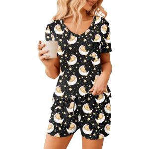 Ekouaer Womens Pajama Sets Short Sleeve Pajamas for Women Sets Soft Lounge Sets Casual V Neck Sleepwear PJS(Black Teddy)