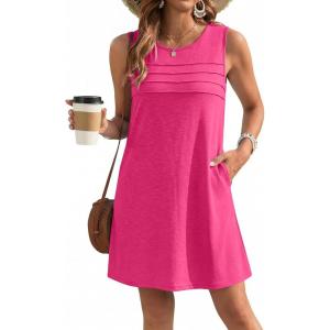 Ekouaer Womens Swimsuit Cover Up Pleated Front Bathing Suit Coverups 2026 Casual Tank Beach Dress with Pockets S-2XL(Rose Red)