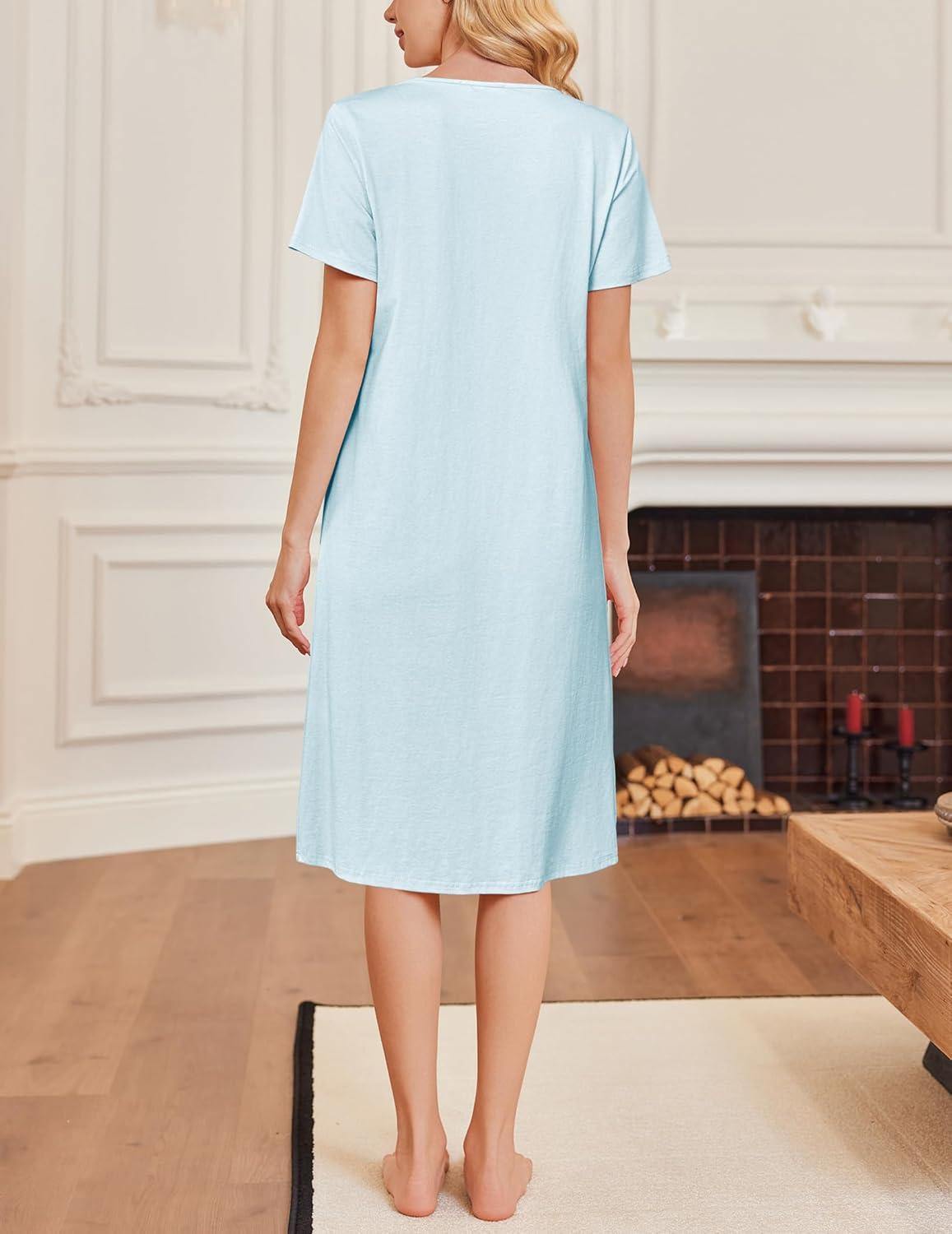 imageEkouaer Cotton Nightgowns for Women Short Sleeve House Dress Pleated Night Gown Button Sleep Shirt Ladies NightdressBaby Blue