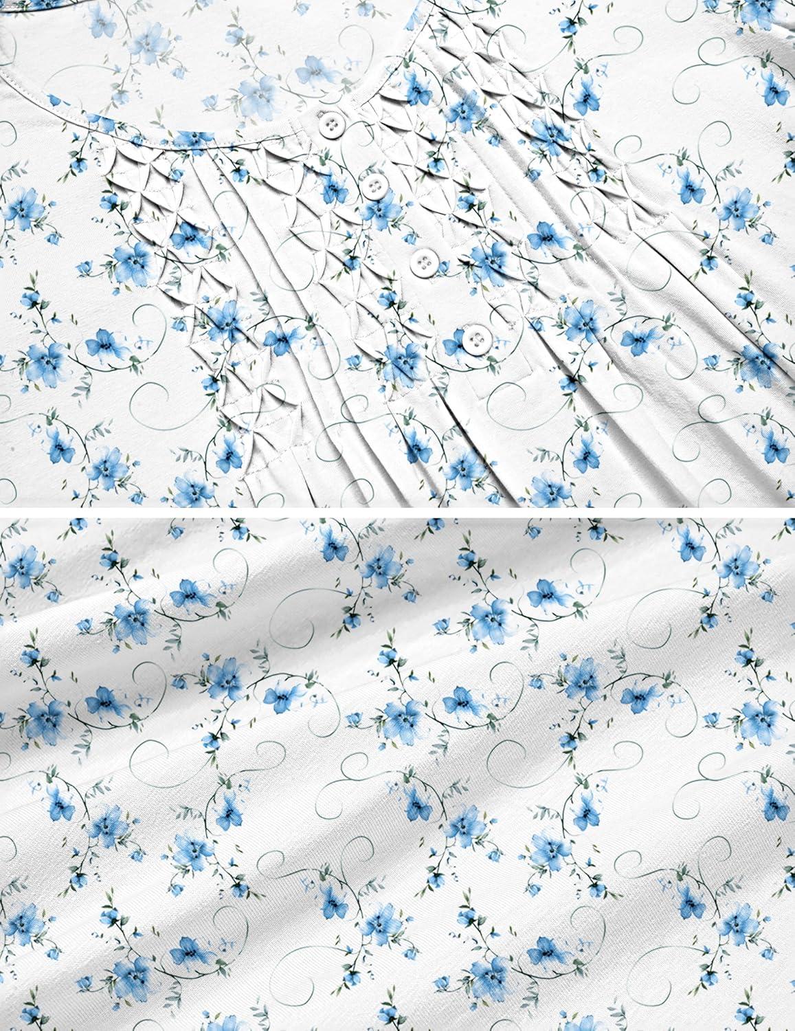 imageEkouaer Cotton Nightgowns for Women Short Sleeve House Dress Pleated Night Gown Button Sleep Shirt Ladies NightdressFloral Blue White