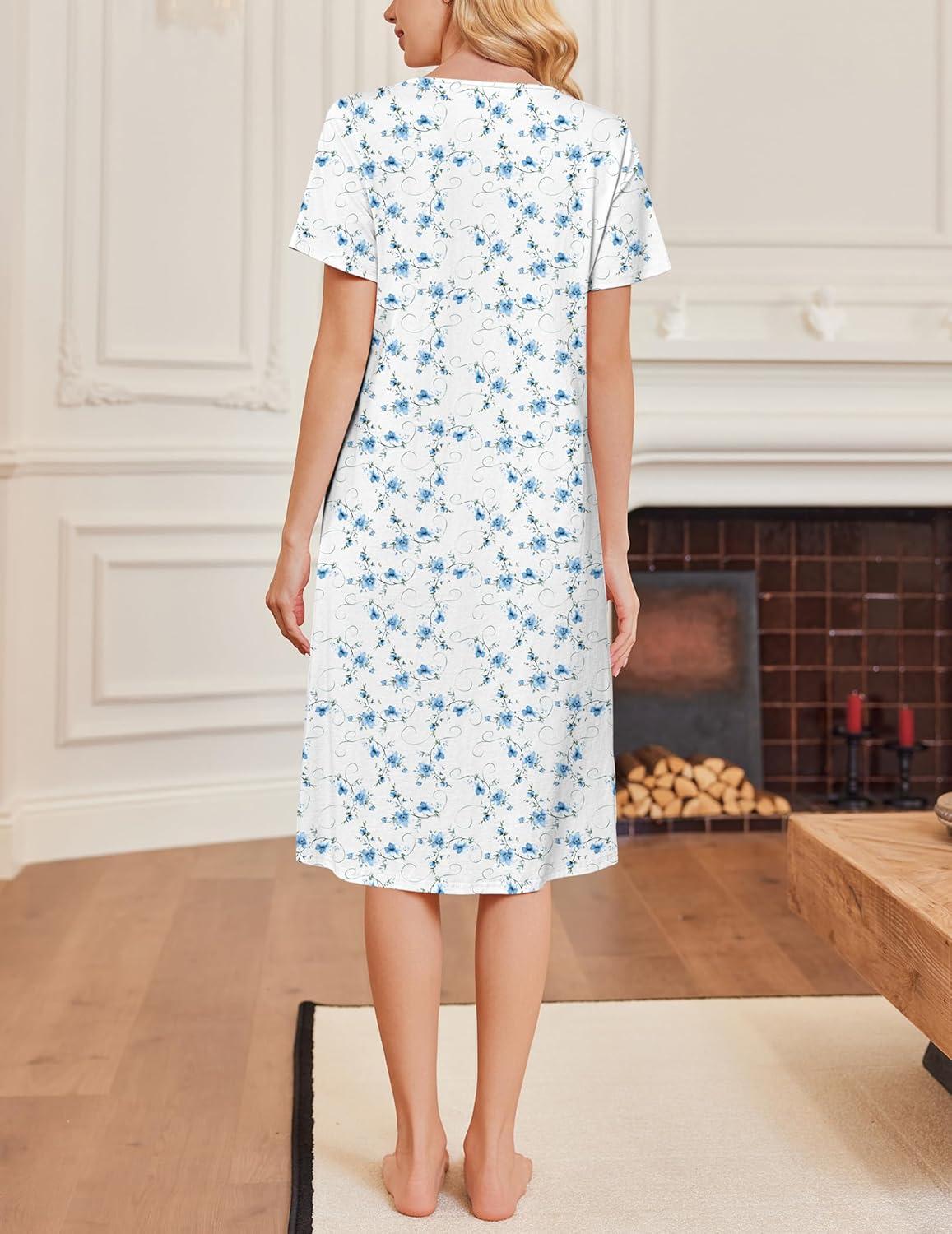 imageEkouaer Cotton Nightgowns for Women Short Sleeve House Dress Pleated Night Gown Button Sleep Shirt Ladies NightdressFloral Blue White