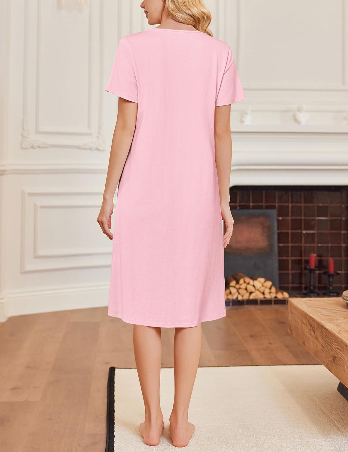 imageEkouaer Cotton Nightgowns for Women Short Sleeve House Dress Pleated Night Gown Button Sleep Shirt Ladies NightdressLight Pink