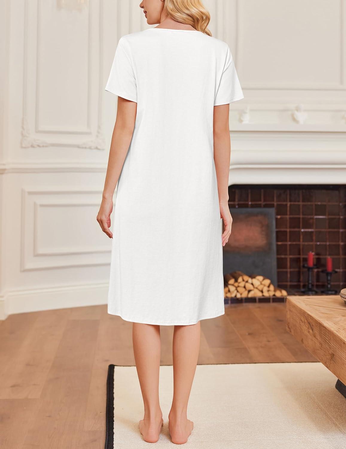 imageEkouaer Cotton Nightgowns for Women Short Sleeve House Dress Pleated Night Gown Button Sleep Shirt Ladies NightdressWhite