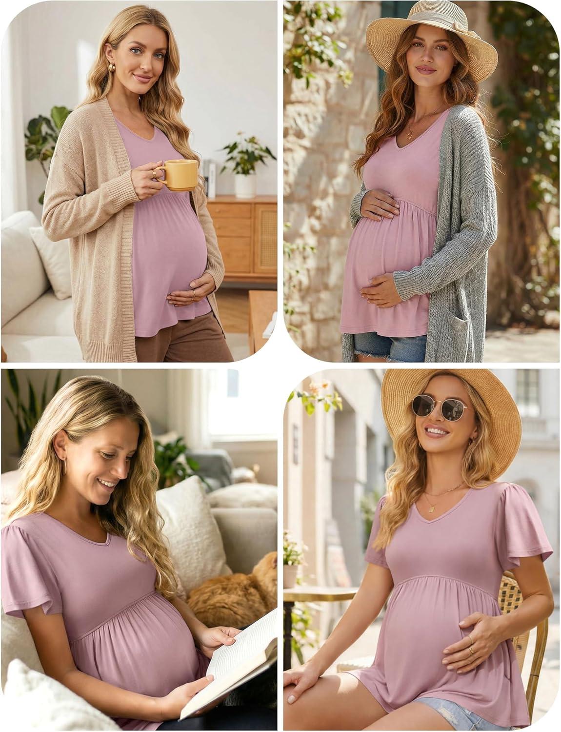 imageEkouaer Maternity Shirts 3 Packs Flying Short Sleeve Maternity Tops V Neck TShirt Pregnancy Clothes SXXLLight BlueLight GreenGrey Stripe