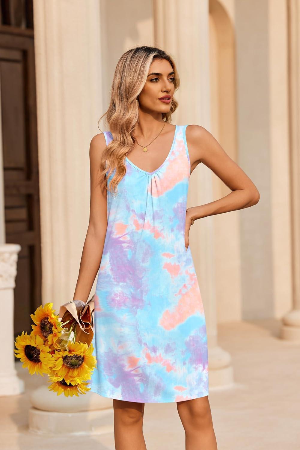 imageEkouaer Nightgowns for Women Bamboo Viscose Night Gown Sleeveless Sleep Shirts Tank Sleep Dress Vneck SleepwearBlue Tie Dye