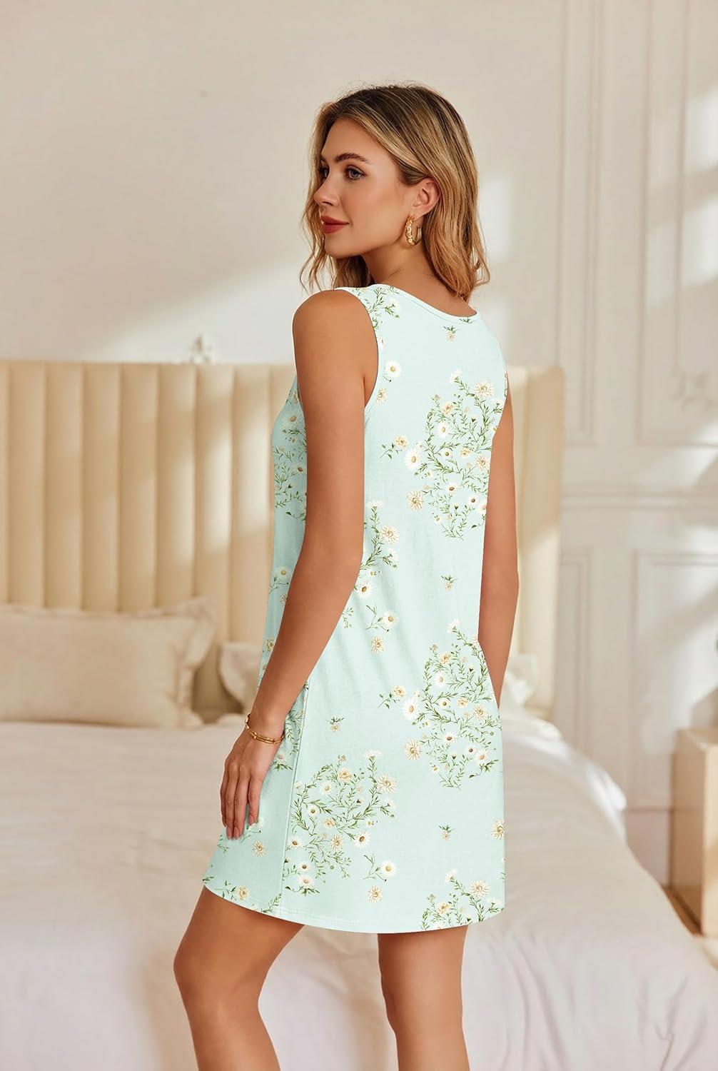 imageEkouaer Nightgowns for Women Bamboo Viscose Night Gown Sleeveless Sleep Shirts Tank Sleep Dress Vneck SleepwearLight Green Floral