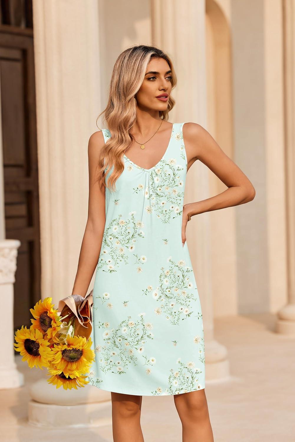 imageEkouaer Nightgowns for Women Bamboo Viscose Night Gown Sleeveless Sleep Shirts Tank Sleep Dress Vneck SleepwearLight Green Floral