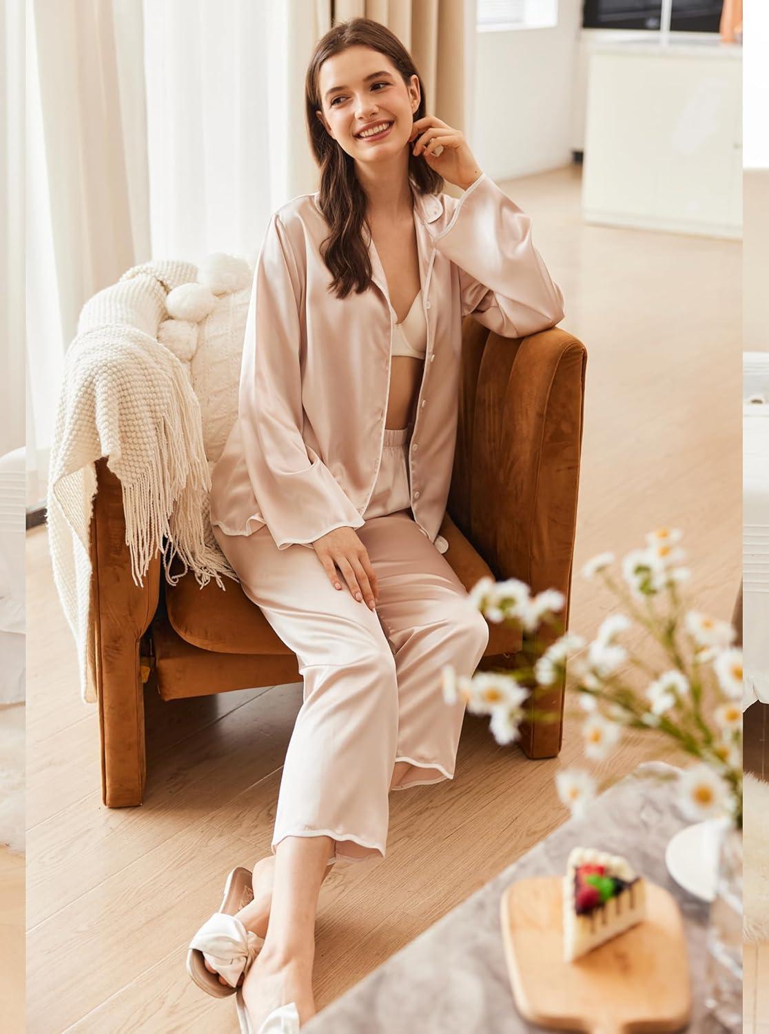 imageEkouaer Satin Pajama Set Long Sleeve Button Down Pj Sets Ruffle Silk Valentine Pajamas for WomenChampagne