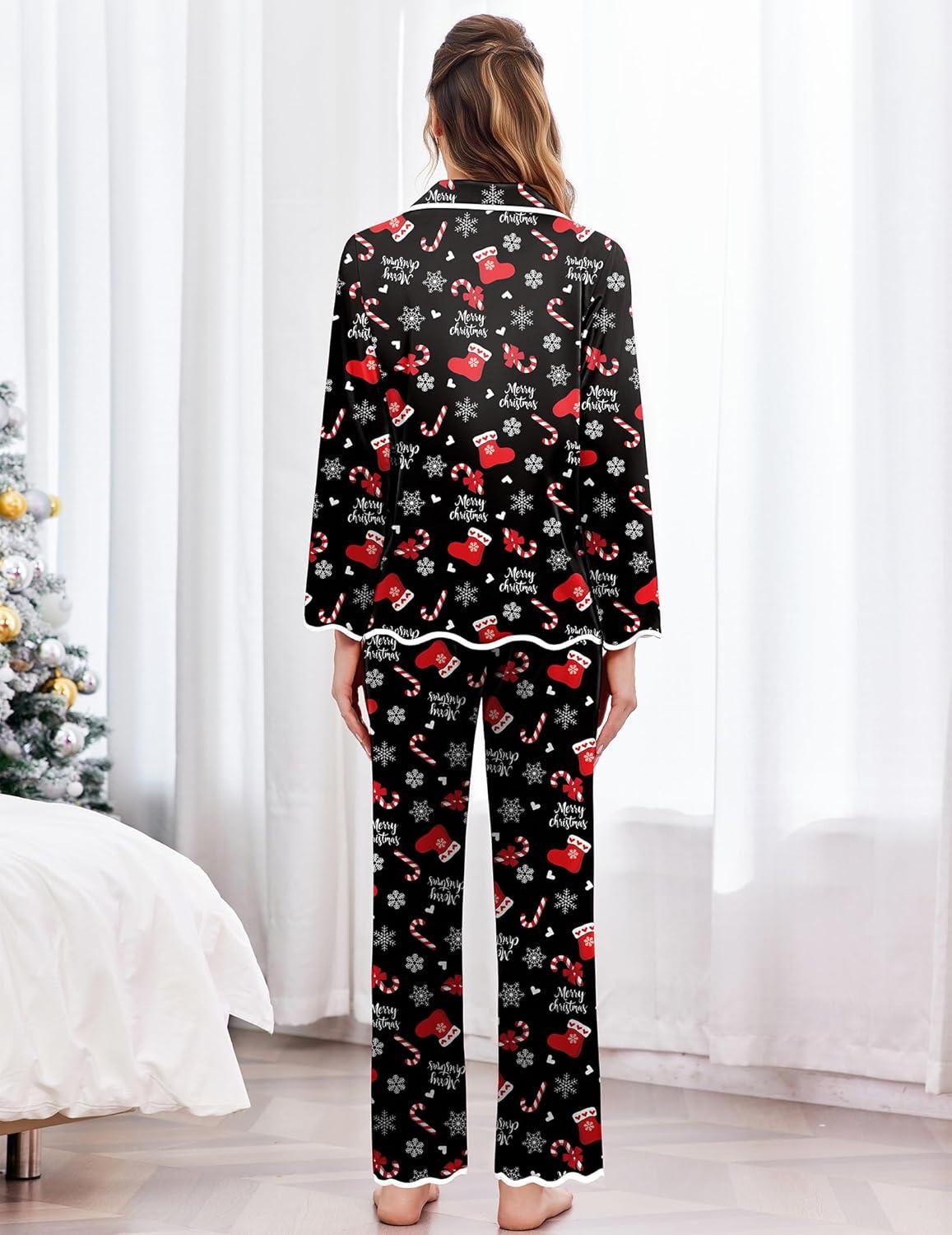 imageEkouaer Satin Pajama Set Long Sleeve Button Down Pj Sets Ruffle Silk Valentine Pajamas for WomenChristmasblack Candy Cane Xmas Pjs
