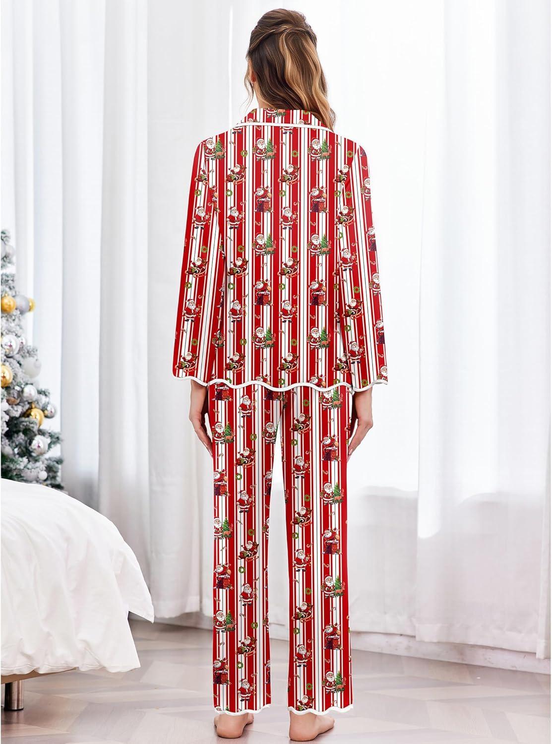 imageEkouaer Satin Pajama Set Long Sleeve Button Down Pj Sets Ruffle Silk Valentine Pajamas for WomenChristmassanta Printed Pjs