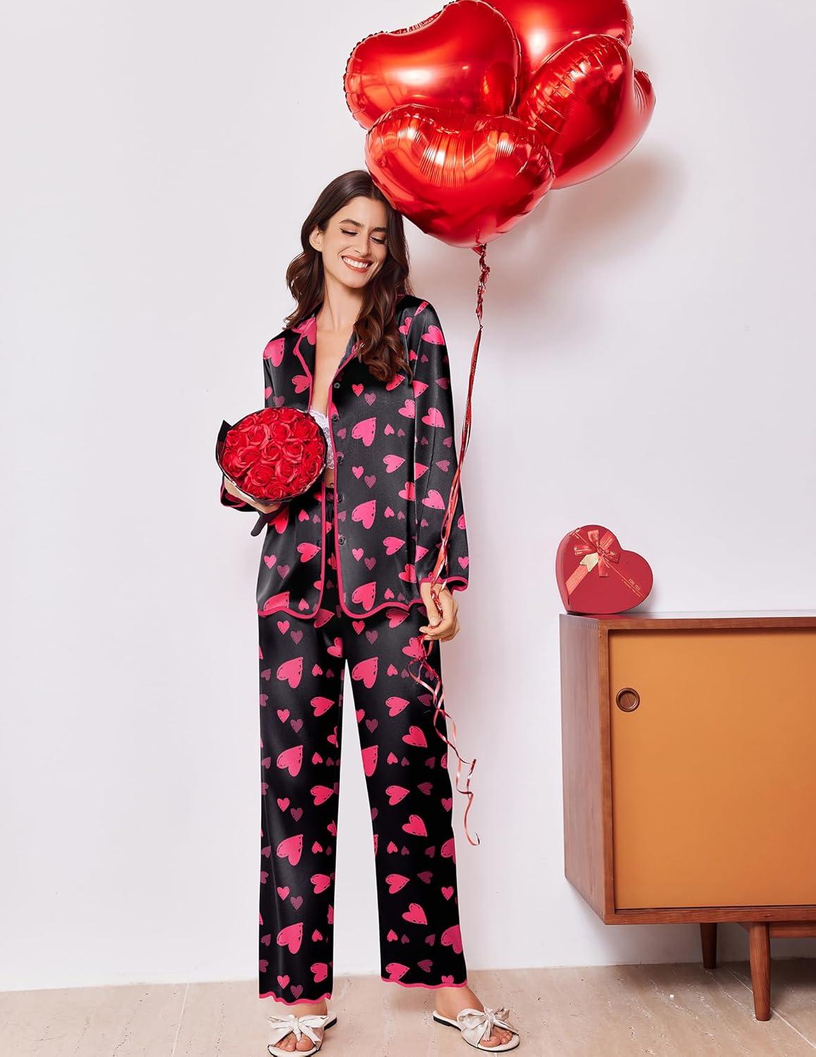 imageEkouaer Satin Pajama Set Long Sleeve Button Down Pj Sets Ruffle Silk Valentine Pajamas for WomenHeartprint Black