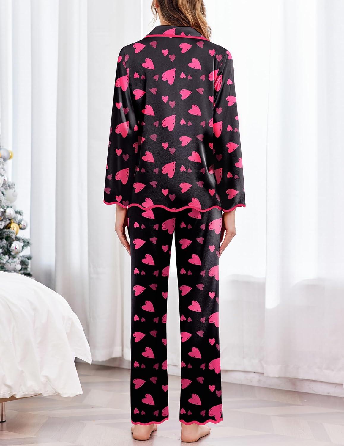 imageEkouaer Satin Pajama Set Long Sleeve Button Down Pj Sets Ruffle Silk Valentine Pajamas for WomenHeartprint Black