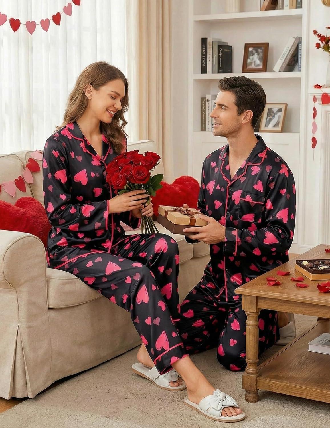imageEkouaer Satin Pajama Set Long Sleeve Button Down Pj Sets Ruffle Silk Valentine Pajamas for WomenHeartprint Black