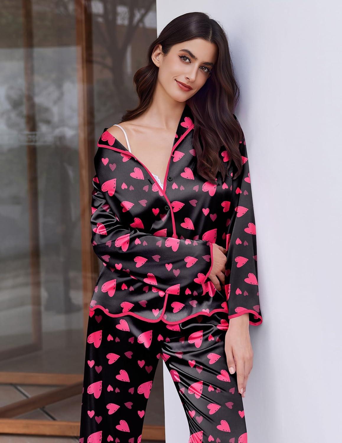 imageEkouaer Satin Pajama Set Long Sleeve Button Down Pj Sets Ruffle Silk Valentine Pajamas for WomenHeartprint Black