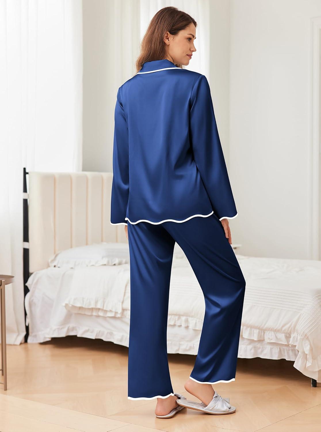 imageEkouaer Satin Pajama Set Long Sleeve Button Down Pj Sets Ruffle Silk Valentine Pajamas for WomenNavy Blue